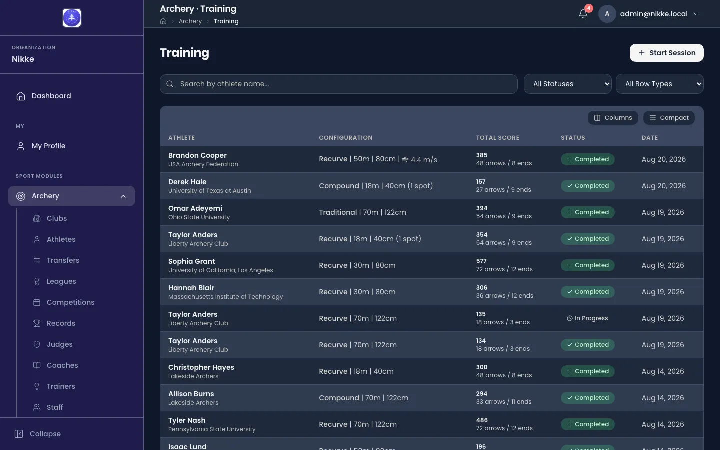 The Training list in Velos: a search box and two dropdowns reading All Statuses and All Bow Types above a table with columns Athlete, Configuration, Total Score, Status and Date. Rows show athletes with their club underneath, configurations such as Recurve | 50m | 80cm, scores with an arrows-and-ends line under them, and Completed or In Progress badges. A Start Session button sits at the top right.