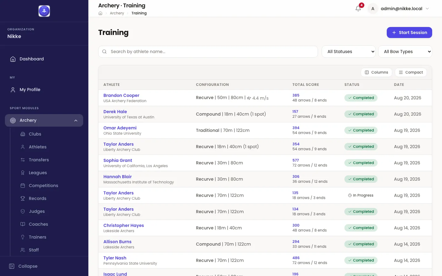 The Training list in Velos: a search box and two dropdowns reading All Statuses and All Bow Types above a table with columns Athlete, Configuration, Total Score, Status and Date. Rows show athletes with their club underneath, configurations such as Recurve | 50m | 80cm, scores with an arrows-and-ends line under them, and Completed or In Progress badges. A Start Session button sits at the top right.