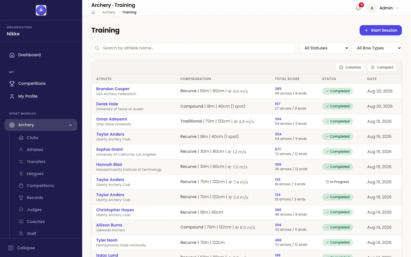 The Training list in Velos: a search box and two dropdowns reading All Statuses and All Bow Types above a table with columns Athlete, Configuration, Total Score, Status and Date. Rows show athletes with their club underneath, configurations such as Recurve | 50m | 80cm, scores with an arrows-and-ends line under them, and Completed or In Progress badges. A Start Session button sits at the top right.